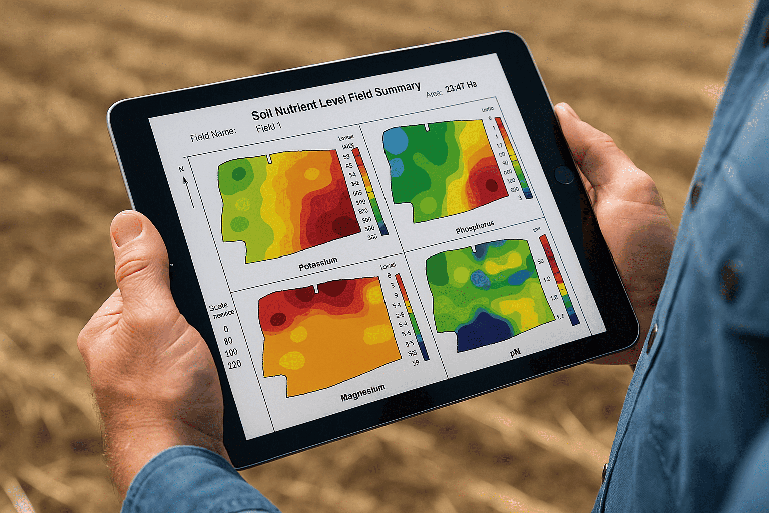 Person holding a tablet displaying a soil nutrient level summary with color-coded maps for potassium, phosphorus, magnesium, and pH, in an outdoor agricultural setting.